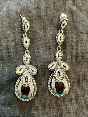 Crystal Teardrop Dangle Earrings - Silver Tone With Black
